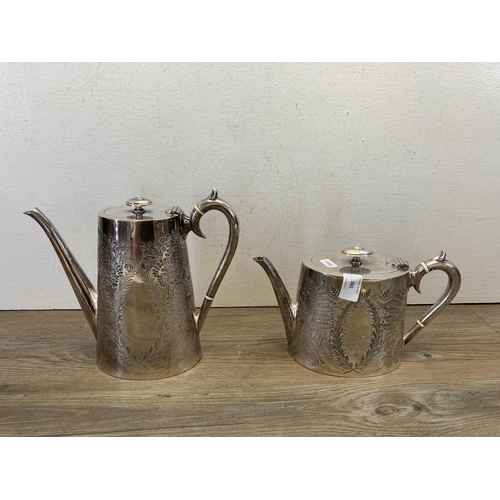 365 - A Victorian Roberts & Belk Ltd silver plated four piece tea/coffee set with etched foliate design