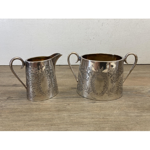 365 - A Victorian Roberts & Belk Ltd silver plated four piece tea/coffee set with etched foliate design