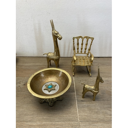 375 - A collection of metalware to include brass miniature rocking chair, boxed Viners silver plated wine ... 