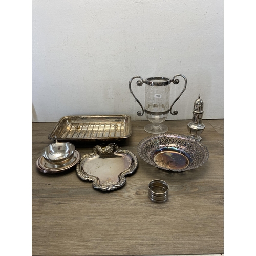 375 - A collection of metalware to include brass miniature rocking chair, boxed Viners silver plated wine ... 