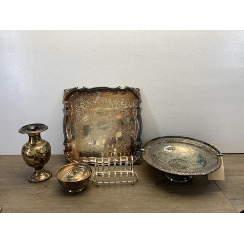 377 - A collection of metalware to include Mappin Brothers silver plated handled pedestal bowl, pair of br... 