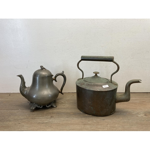 390D - Eight pieces of 19th century and later metalware to include copper and brass kettle with maker's mar... 