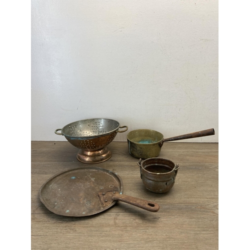 390D - Eight pieces of 19th century and later metalware to include copper and brass kettle with maker's mar... 