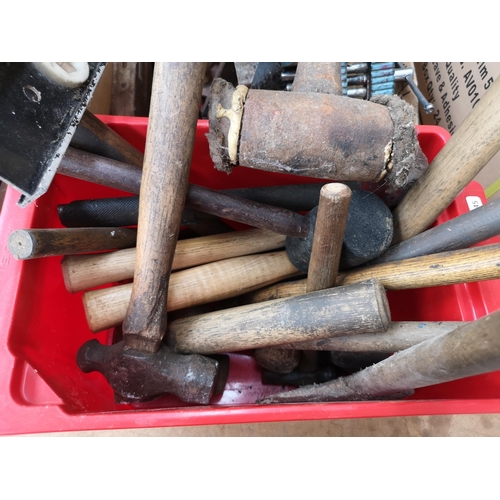 791 - Two boxes containing tools to include vintage cast iron bench vice, mallets, vintage Macrome wood pl... 