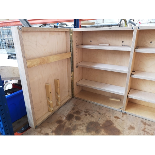 792 - A hardwood wall mountable two door tools cabinet with six internal shelves - approx. 61cm high x 92c... 