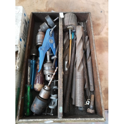 793 - Two boxes containing tools to include nine various size cast iron G-Clamps, heavy duty drill bits et... 