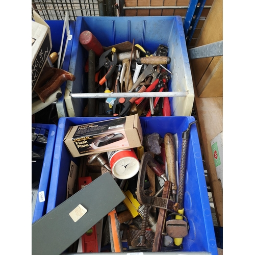 794 - Six plastic storage boxes containing a large collection of tools to include cast iron G clamps, hack... 