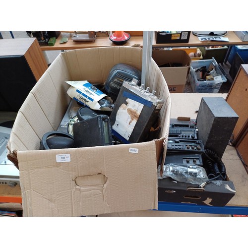 598 - Two boxes containing a large collection of car stereos, CB radios and accessories for spares or repa... 