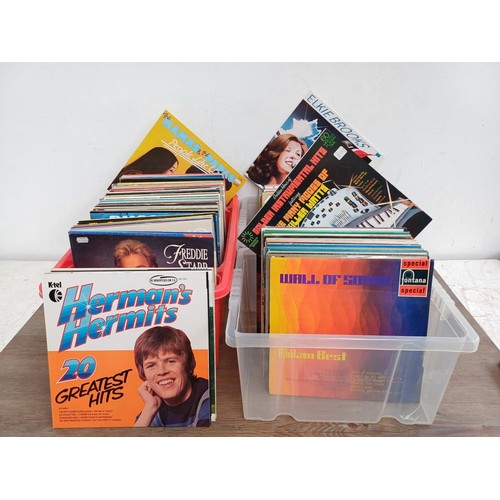 605 - Three boxes containing a large collection of LP vinyl records to include Herman's Hermits, Don Willi... 