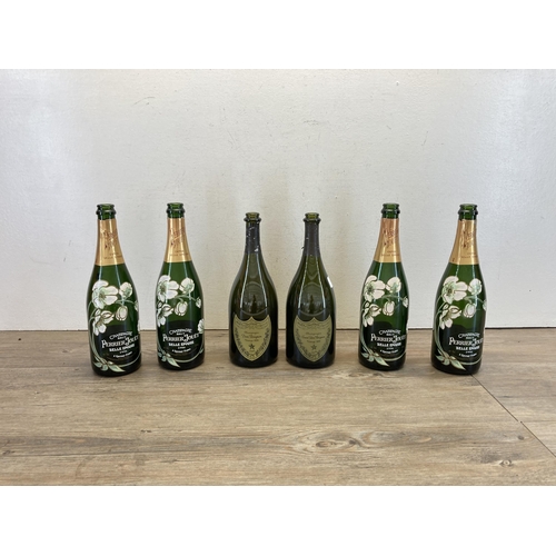 327 - Six empty champagne bottles, four Perrier Gouet and two Don Perignon