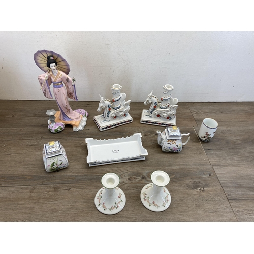 330 - Seven pieces of The Franklyn Mint fine porcelain to include Yoshiko Manabu Saito figurine, tea pot, ... 