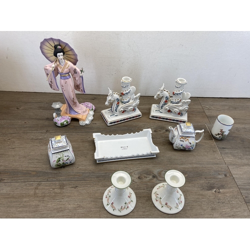 330 - Seven pieces of The Franklyn Mint fine porcelain to include Yoshiko Manabu Saito figurine, tea pot, ... 