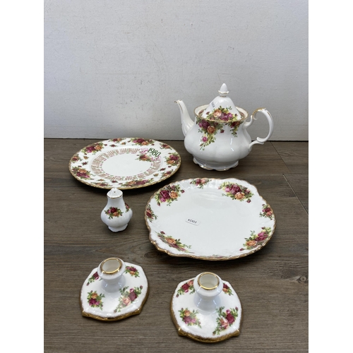 355 - A collection of Royal Albert Old Country Roses bone china to include pair of candlesticks, two tier ... 