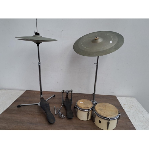 650 - A collection of vintage drum kit drums and percussion accessories to include wooden rimmed bass drum... 