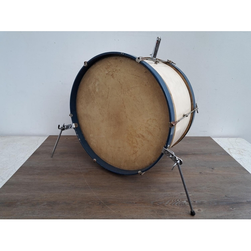 650 - A collection of vintage drum kit drums and percussion accessories to include wooden rimmed bass drum... 