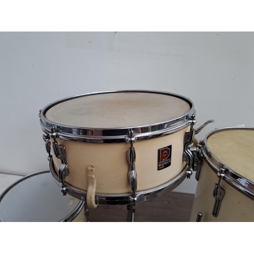 650 - A collection of vintage drum kit drums and percussion accessories to include wooden rimmed bass drum... 