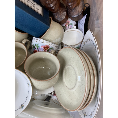 943 - A box containing boxed pair of Royal Worcester egg coddlers, treenware, silver plated ware, Denby Da... 