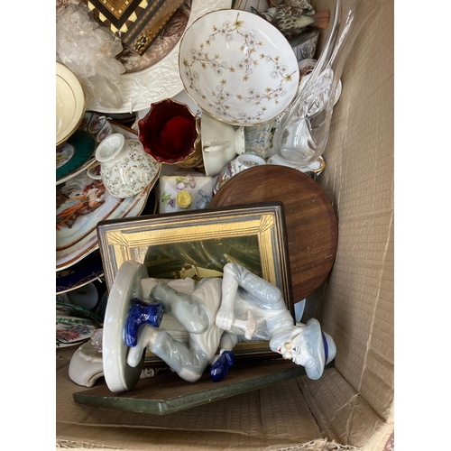 947 - Three boxes containing 19th century style brass table lamp, pair of cut glass pepper shakers with wh... 