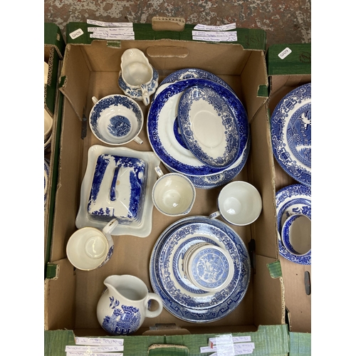 949 - Six boxes containing ceramics and glassware to include Old Willow, Wedgwood & Co., carnival glasswar... 