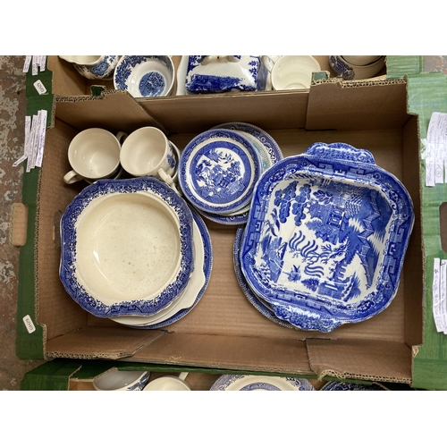 949 - Six boxes containing ceramics and glassware to include Old Willow, Wedgwood & Co., carnival glasswar... 