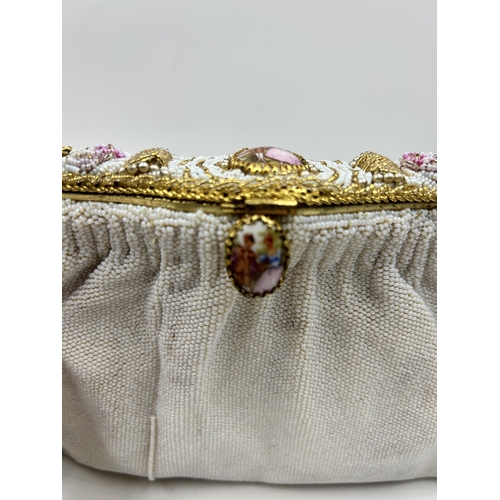 451 - A mid 20th century French beaded evening purse with porcelain cameos