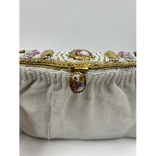 451 - A mid 20th century French beaded evening purse with porcelain cameos