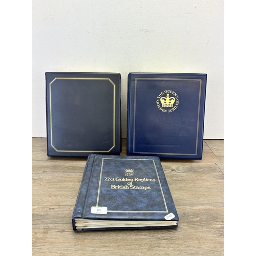 469 - Three First Day cover albums, two The Queen's Golden Jubilee and one 22ct Golden Replicas of British... 