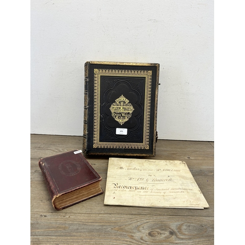 470 - Three 19th century items, one indenture dated 4th January 1868, one Holy Bible and one Bunyan's Pilg... 