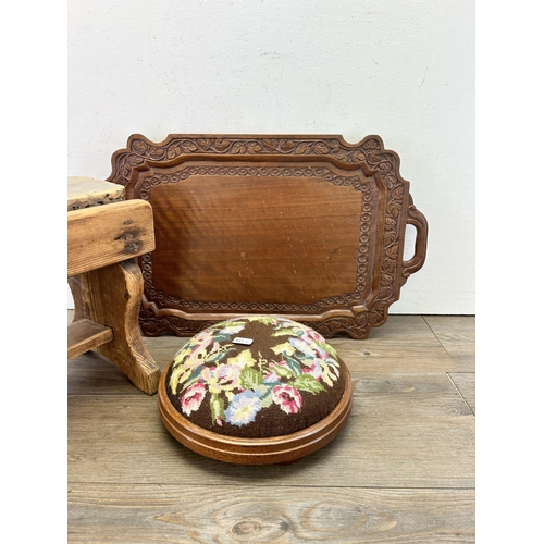 482 - Three items - 19th century style pine farmhouse stool, Victorian style mahogany and tapestry circula... 