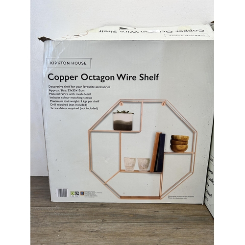 490 - Four pieces of homeware to include boxed Kirkton House copper octagon wire shelf, boxed set of two K... 