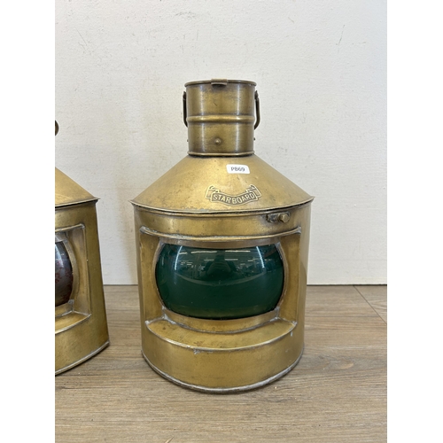 494 - Two brass nautical lanterns, one Port with red glass and one Starboard with green glass - approx. 40... 