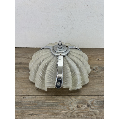 495 - An Art Deco opaque glass and chrome plated clam shell ceiling light shade - approx. 34cm diameter