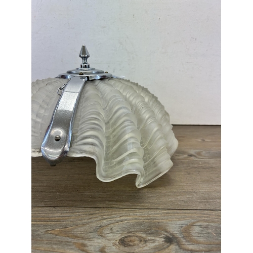 495 - An Art Deco opaque glass and chrome plated clam shell ceiling light shade - approx. 34cm diameter