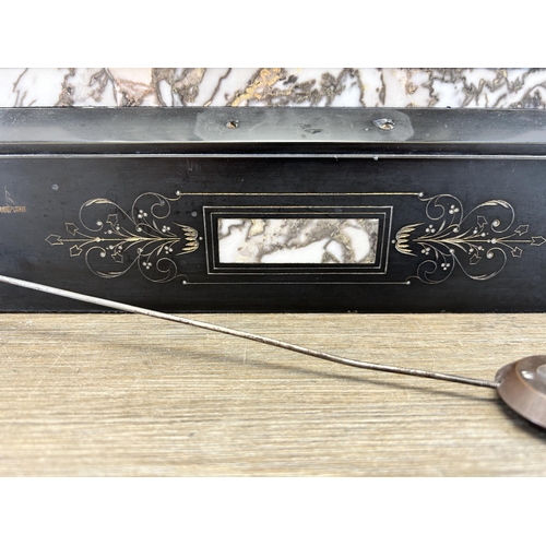 512 - A Victorian black slate and marble chiming mantel clock with pendulum - approx. 42cm high x 44cm wid... 