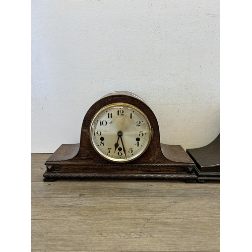 516 - Two 1930s oak cased Westminster chime mantel clocks, both with keys and pendulums