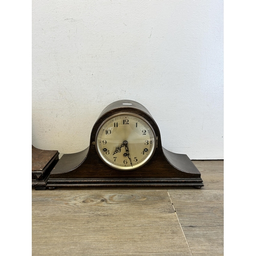 516 - Two 1930s oak cased Westminster chime mantel clocks, both with keys and pendulums