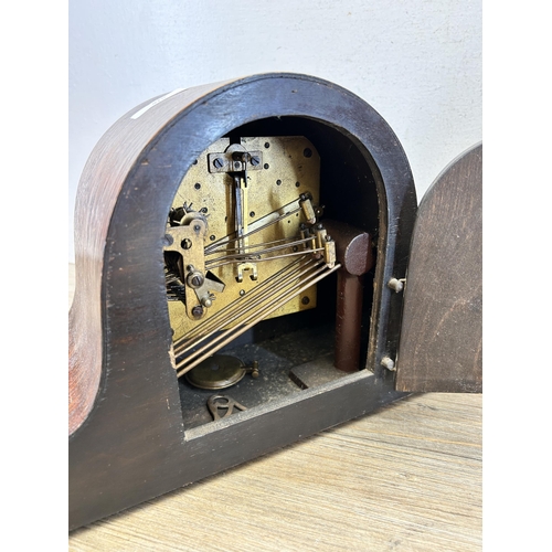 516 - Two 1930s oak cased Westminster chime mantel clocks, both with keys and pendulums