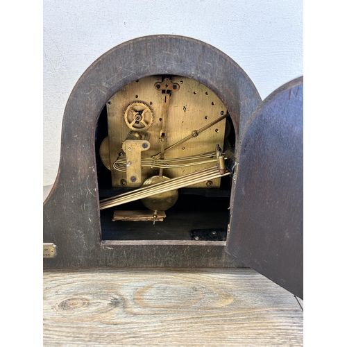 516 - Two 1930s oak cased Westminster chime mantel clocks, both with keys and pendulums