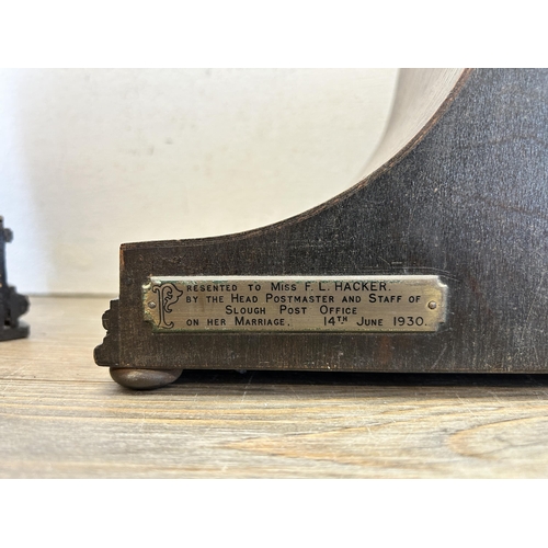 516 - Two 1930s oak cased Westminster chime mantel clocks, both with keys and pendulums