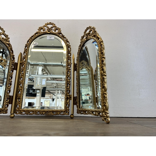 536 - A mid 20th century gilt framed bevelled edge triptych dressing table mirror - approx. 49cm high x 67... 