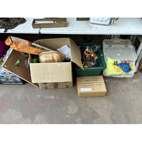 898 - Three boxes containing mid 20th century bentwood handled basket, weights, hoopla board etc.