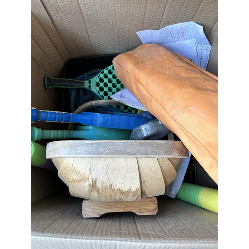 898 - Three boxes containing mid 20th century bentwood handled basket, weights, hoopla board etc.