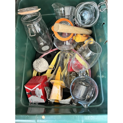 898 - Three boxes containing mid 20th century bentwood handled basket, weights, hoopla board etc.