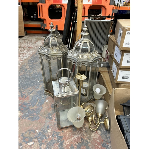 906 - A collection of lighting and accessories to include a pair of 19th century style hanging lanterns, s... 