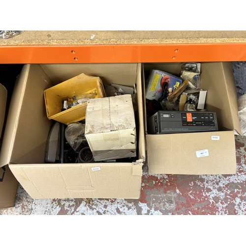 907 - Nine boxes containing lighting accessories, various sized nails, electrical goods etc.