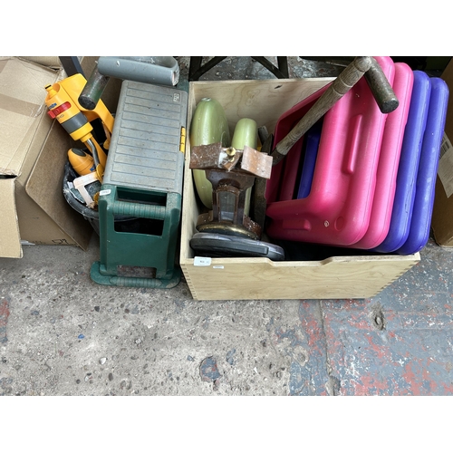 911 - Three boxes and five plastic tubs containing pair of Aigle size 38 wellingtons, vintage wicker baske... 