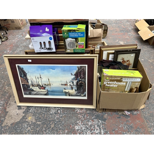 921 - A collection of house clearance items to include boxed Parasene greenhouse heater, framed pictures a... 