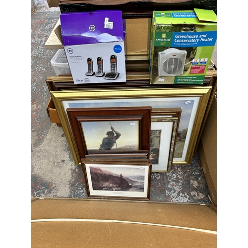 921 - A collection of house clearance items to include boxed Parasene greenhouse heater, framed pictures a... 