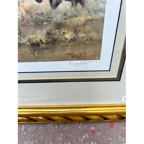 916 - Two boxes containing two framed David Shepherd prints - one being pencil signed, antique leather bou... 