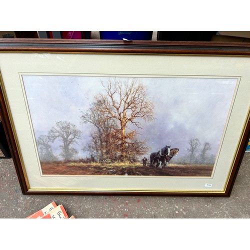 916 - Two boxes containing two framed David Shepherd prints - one being pencil signed, antique leather bou... 